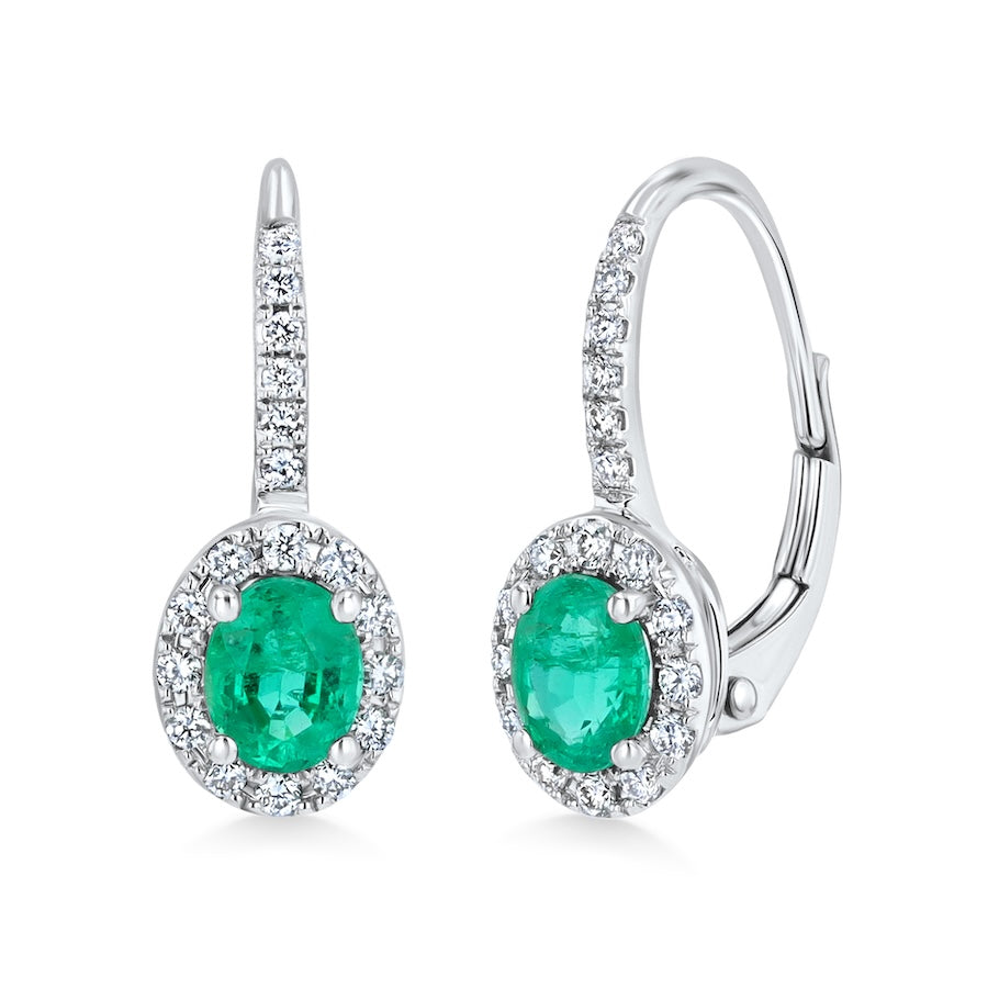 160041 18K White Gold Emerald & Diamond Earrings