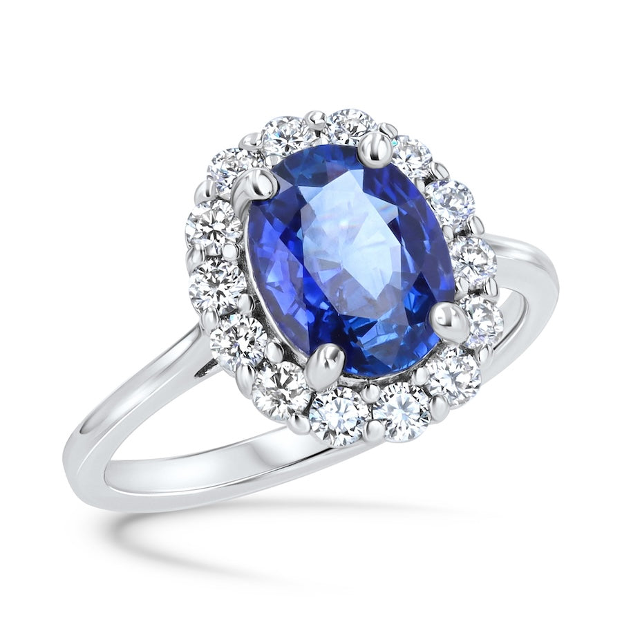 Lotus Oval Sapphire & Diamond Halo 14K White Gold Ring
