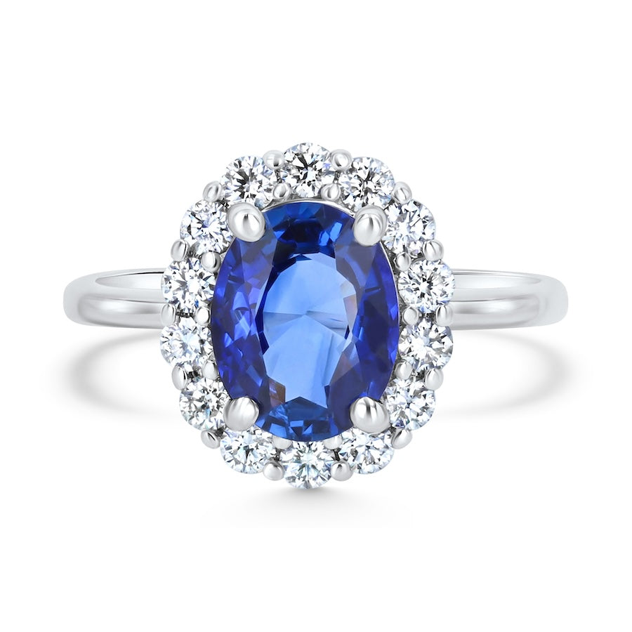 Lotus Oval Sapphire & Diamond Halo 14K White Gold Ring