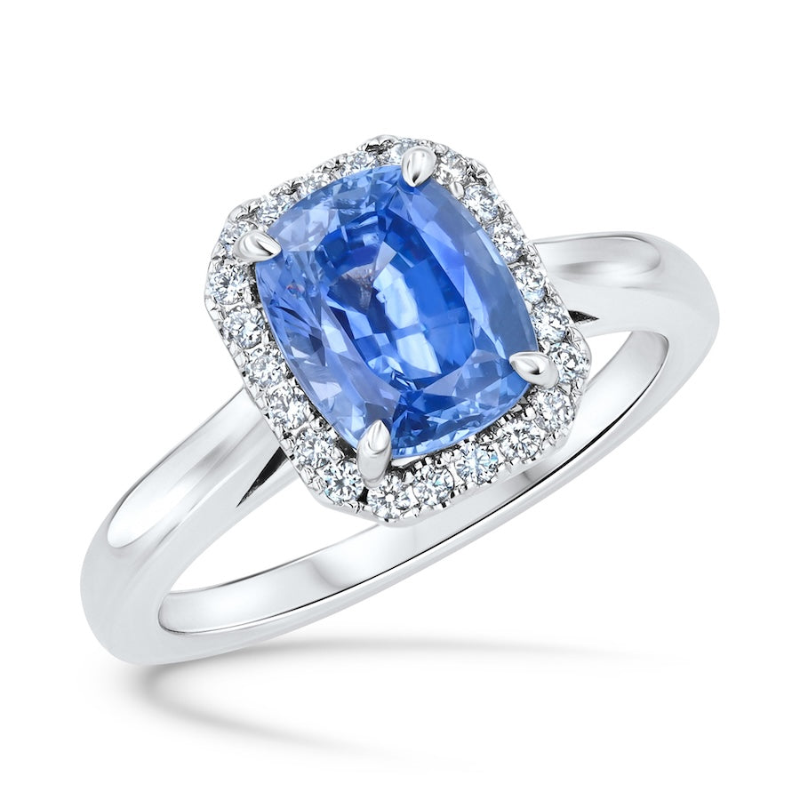 2.16 Carat Cushion Sapphire & 0.15 Carat Diamond Octagonal Halo Platinum Ring