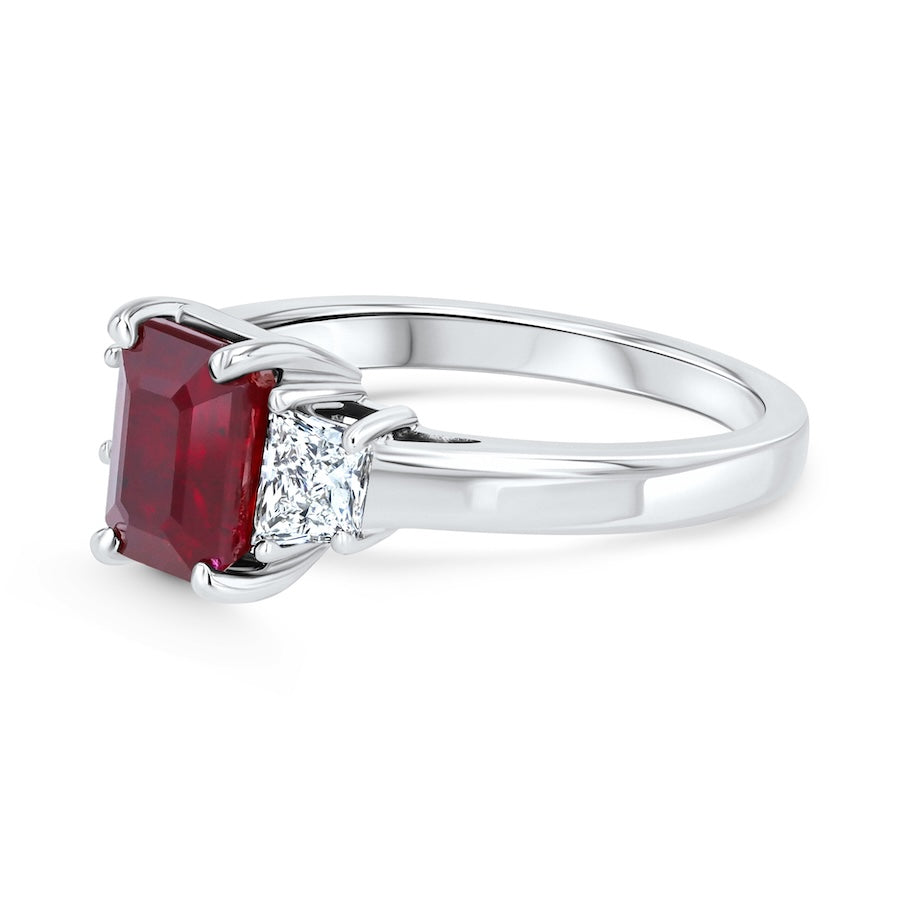 2.02 Carat Emerald-Cut Ruby & 0.30 Carat Trapezoid Diamond Three-Stone 14K White Gold Ring