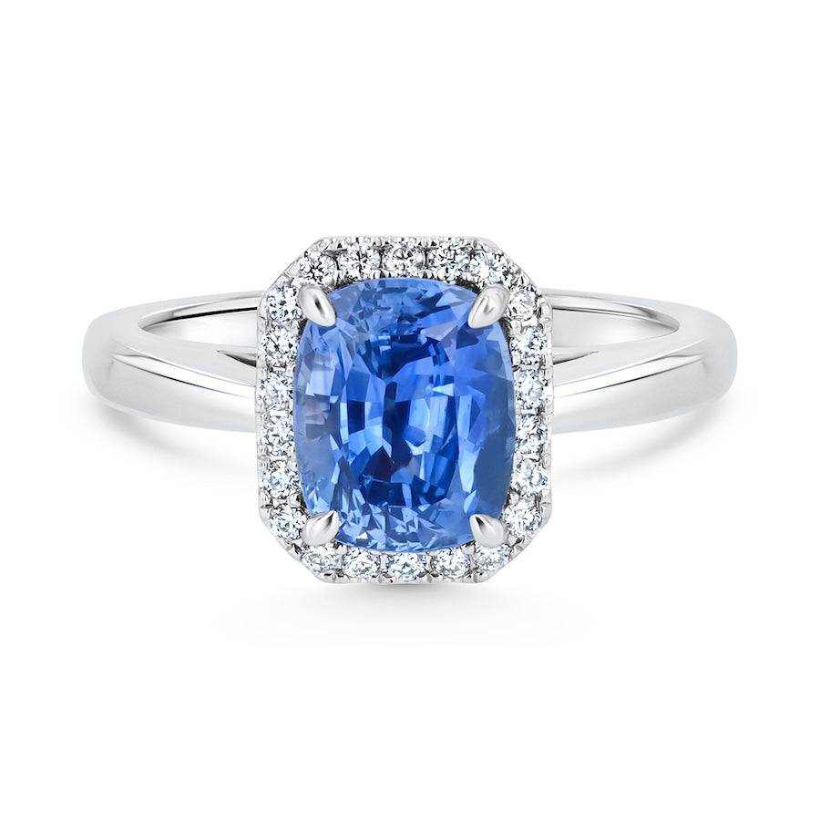 2.16 Carat Cushion Sapphire & 0.15 Carat Diamond Octagonal Halo Platinum Ring