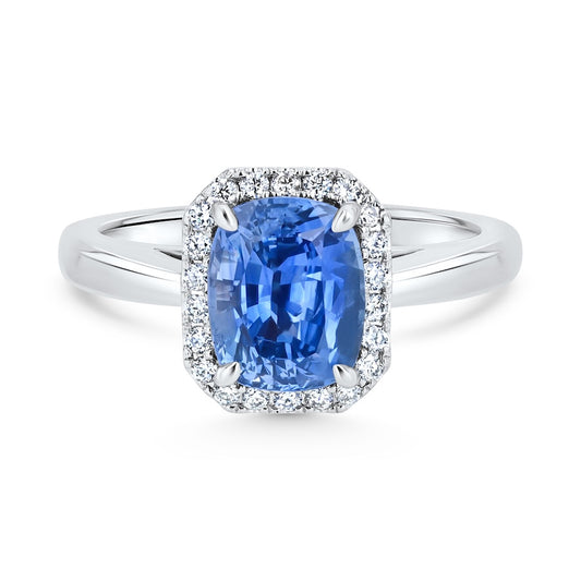 2.16 Carat Cushion Sapphire & 0.15 Carat Diamond Octagonal Halo Platinum Ring