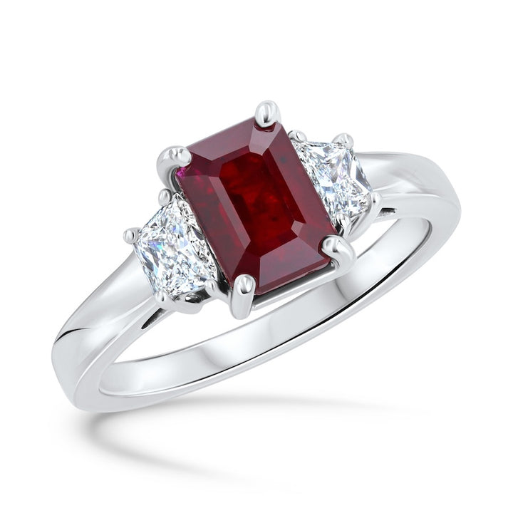 2.02 Carat Emerald-Cut Ruby & 0.30 Carat Trapezoid Diamond Three-Stone 14K White Gold Ring