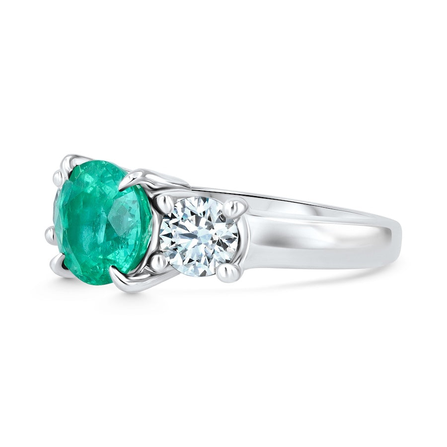 Three-Stone Round Emerald & Diamond Platinum Ring