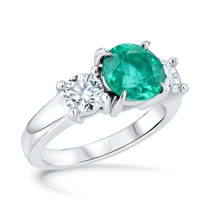 Three-Stone Round Emerald & Diamond Platinum Ring