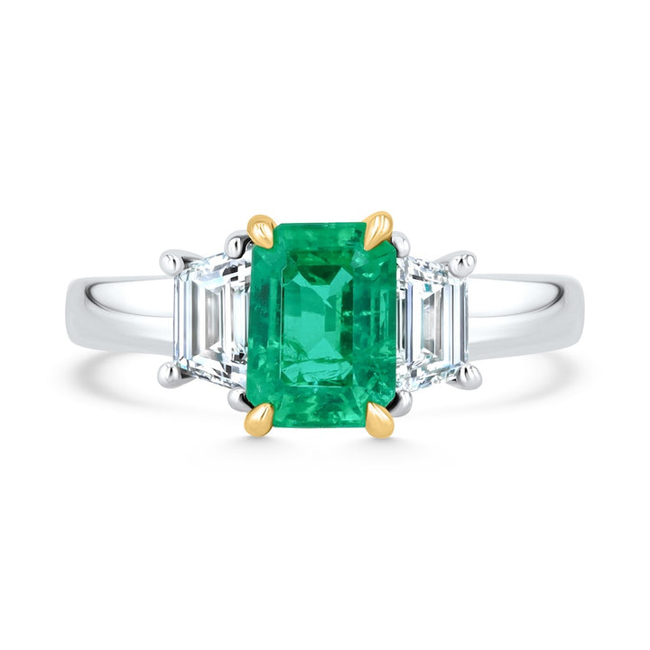 Three-Stone Emerald-Cut Emerald & Trapezoid Diamond