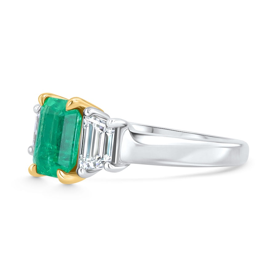 Three-Stone Emerald-Cut Emerald & Trapezoid Diamond