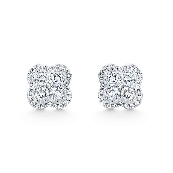 Clover-Shape Diamond Milgrain 18K White Gold Stud Earrings