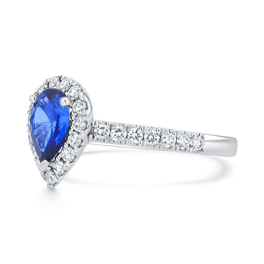 1.12 Carat Pear Sapphire & Diamond Halo Platinum Ring