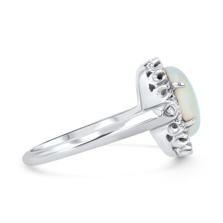 Vintage Oval Opal Diamond Halo 14K White Gold Ring