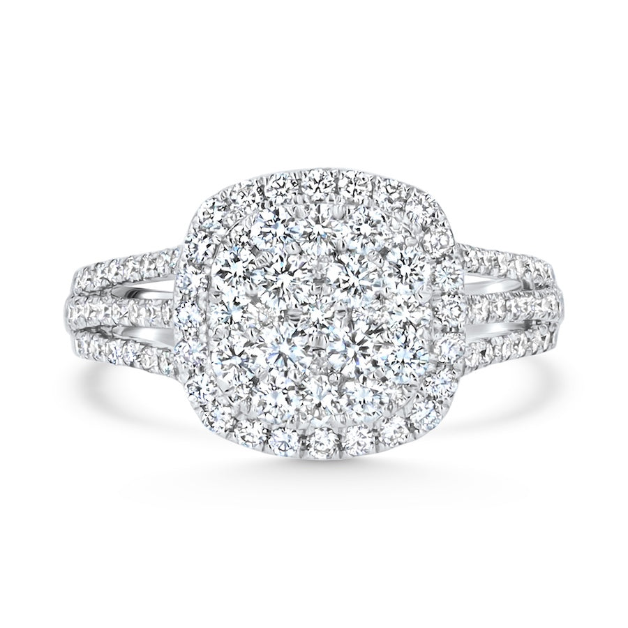 Cluster Diamond Halo Three-Row 18K White Gold Engagement Ring