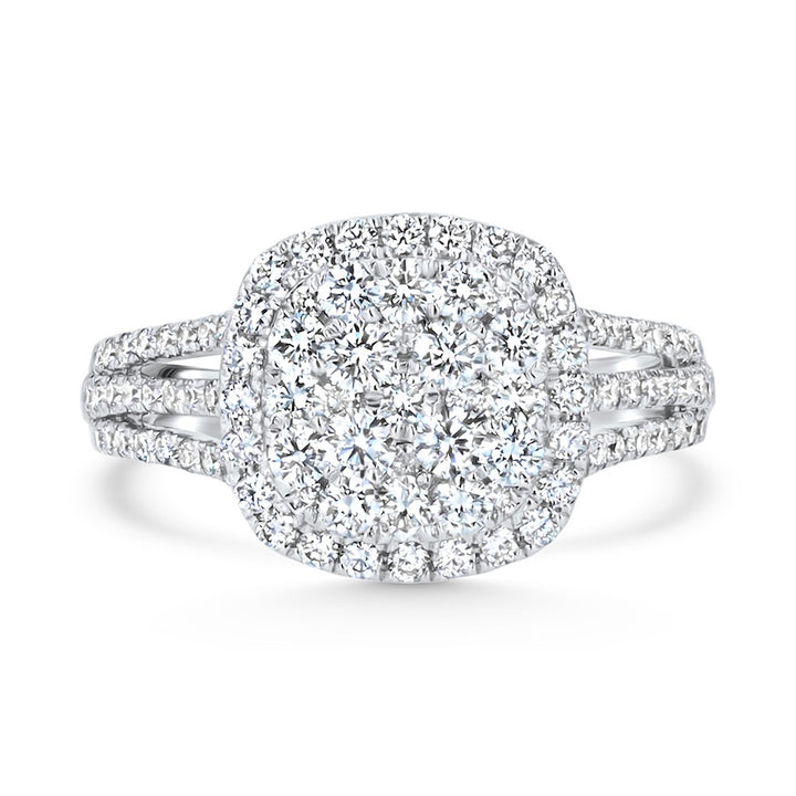 Cluster Diamond Halo Three-Row 18K White Gold Engagement Ring