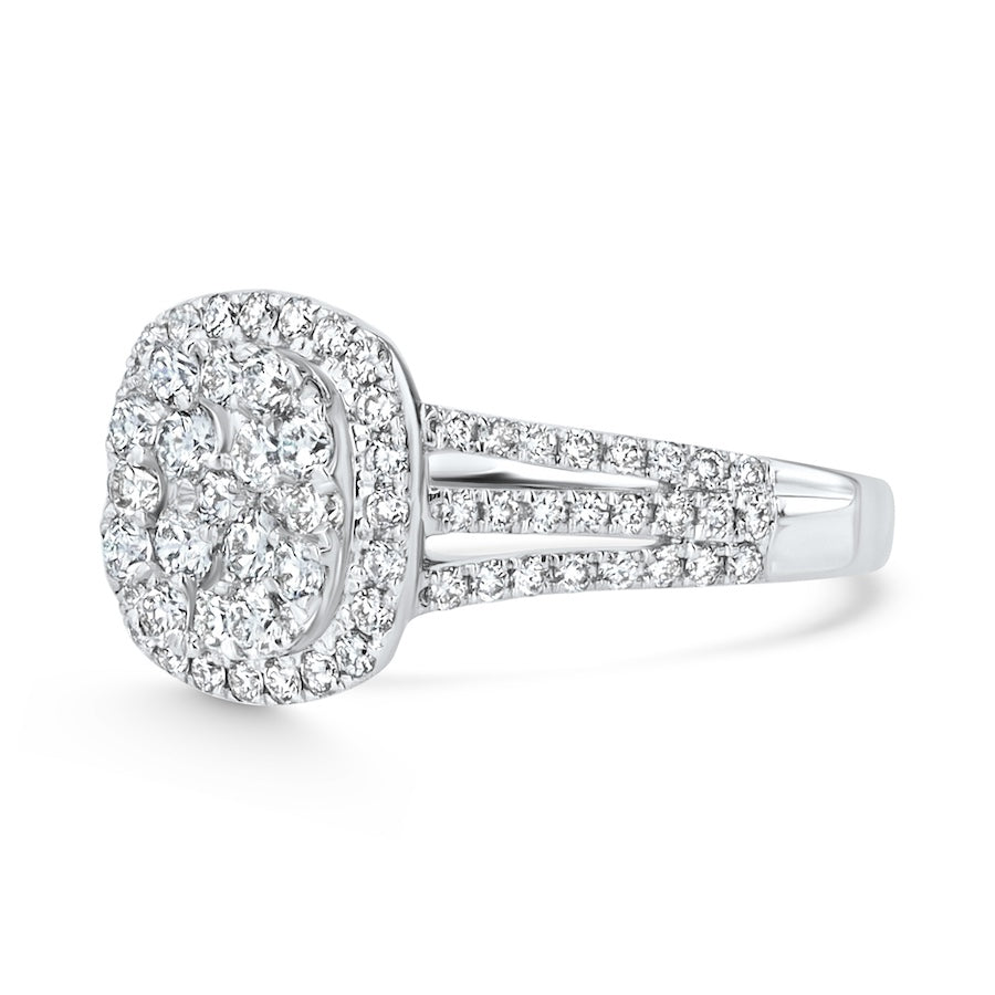 Cluster Diamond Halo Three-Row 18K White Gold Engagement Ring