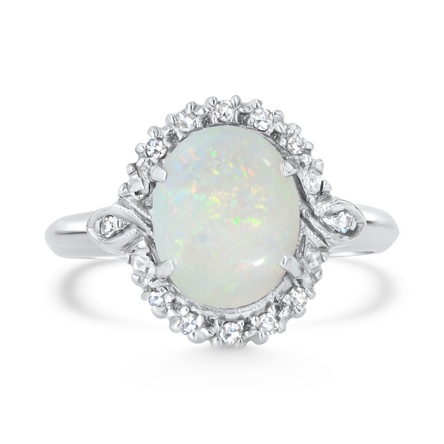 Vintage Oval Opal Diamond Halo 14K White Gold Ring
