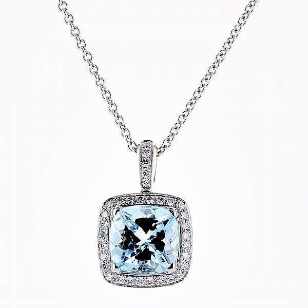 The "Amaya" Cushion and Diamond Aquamarine Halo Pendant in 18K