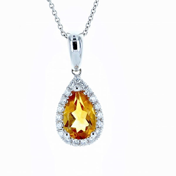 14k White Gold Pear-Shaped Citrine Halo Diamond Pendant