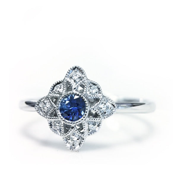 Petite Vintage Inspired Sapphire and Diamond Ring in 18K White Gold