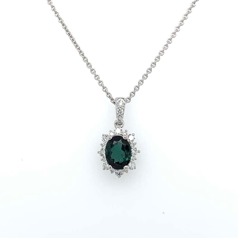 18kt White Gold Oval Green Tourmaline and Diamonds Pendant