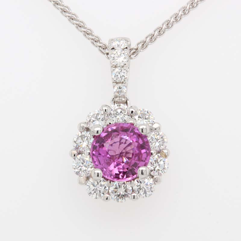 18kt White Gold Round Vivid Pink Sapphire and Diamonds Pendant