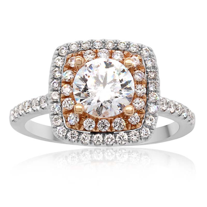 Double-row Style Halo Diamond Engagement Ring Setting in 18k White and Rose Gold