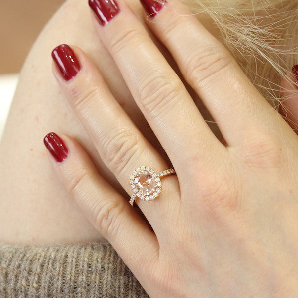 Morganite and Diamond Halo Ring in 18K Rose Gold