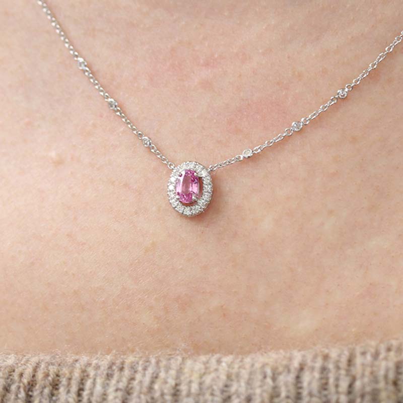 Beautiful 18K White Gold Pink Sapphire and Diamond Necklace