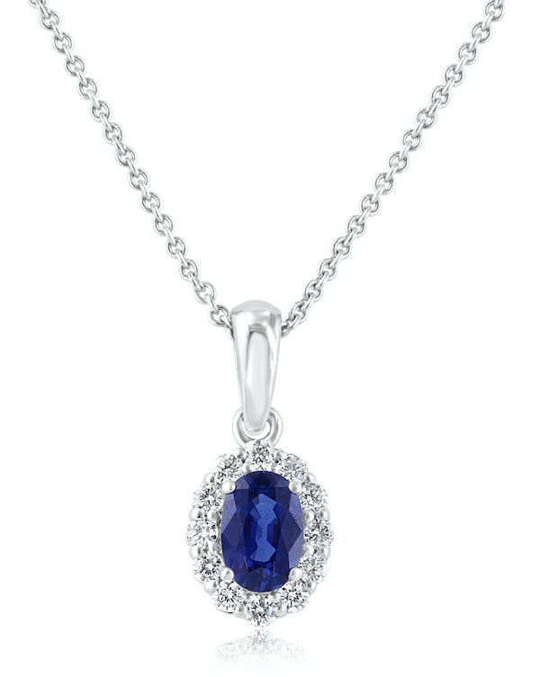 18kt White Gold .53ct Oval Blue Sapphire & Round Diamonds Pendant