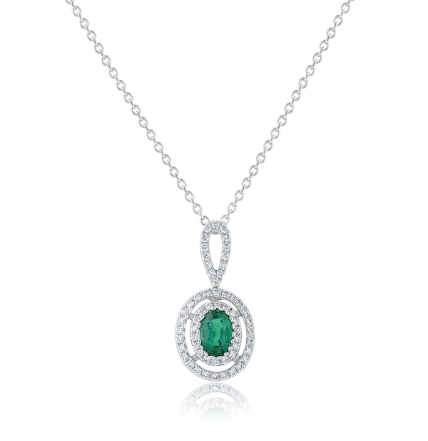 Delicate Emerald and Double Halo Diamond Pendant