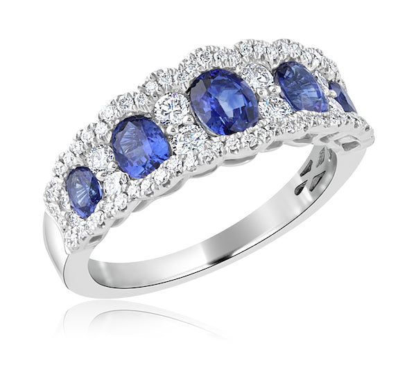 18K White Gold Oval Sapphire & Diamonds Wedding Band