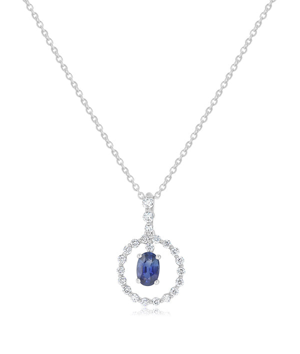 Floating 0.66 Carat Oval Sapphire & 0.37 Carat Diamond 18K White Gold Halo Pendant