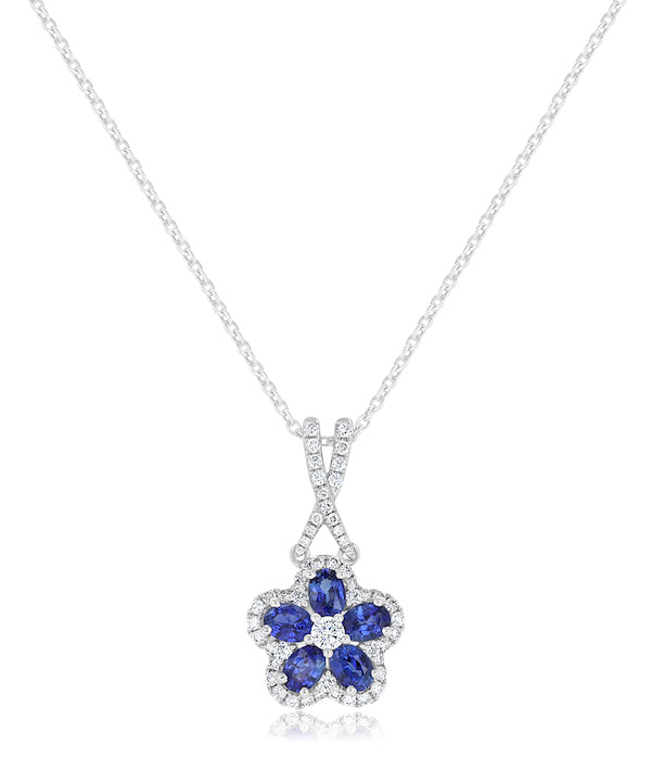 Floral 1.05 Carat Oval Sapphire & 0.41 Carat Diamond 18K White Gold Pendant
