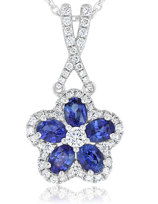 Floral 1.05 Carat Oval Sapphire & 0.41 Carat Diamond 18K White Gold Pendant