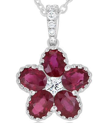 Floral 1.57 Carat Ruby & 0.13 Carat Diamond 18K White Gold Pendant