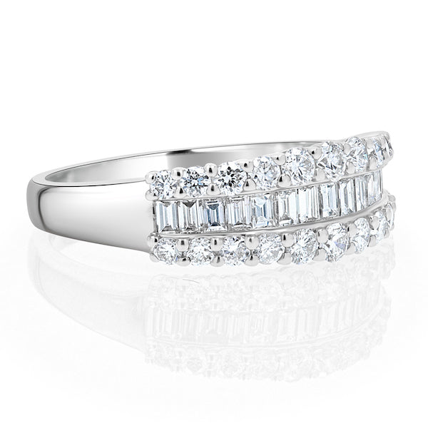 Bold 0.98 Carat Round & Baguette-Cut Diamond 18K White Gold Three-Row Split-Prong Band