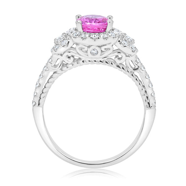 Chic 1.36 Pink Oval Sapphire & 0.52 Carat Diamond 18K White Gold Halo Ring