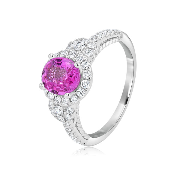 Chic 1.36 Pink Oval Sapphire & 0.52 Carat Diamond 18K White Gold Halo Ring