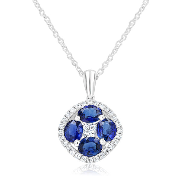 Cushion-Shaped 1.86 Carat Oval Sapphire & 0.29 Carat Diamond 18K White Gold Pendant