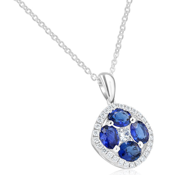 Cushion-Shaped 1.86 Carat Oval Sapphire & 0.29 Carat Diamond 18K White Gold Pendant