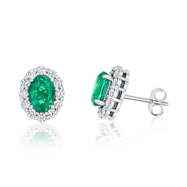 Jaded Oval Emerald & Diamond Halo 14K White Gold Earrings