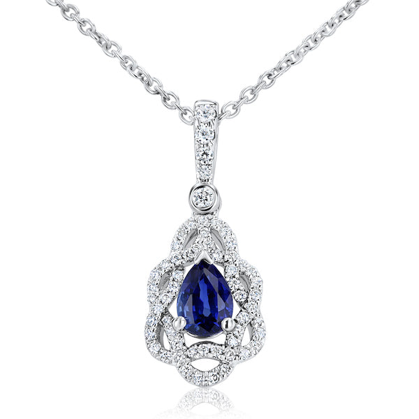Interwoven Pear-Shape Sapphire & Diamond Style 18K White Gold Pendant