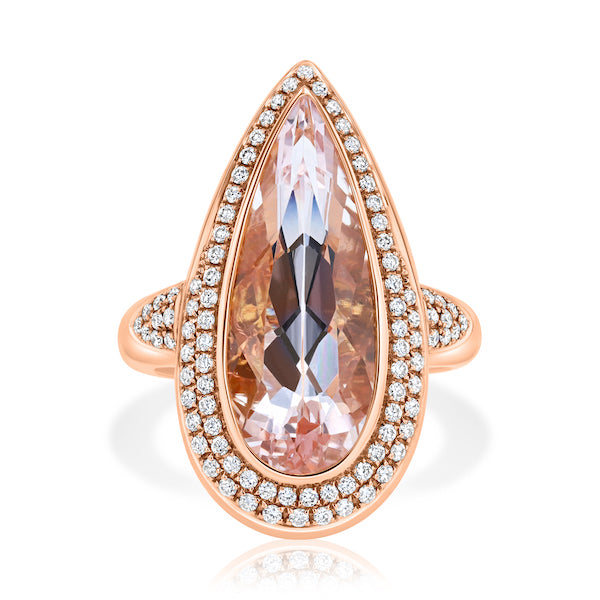 Wondrous Pear-Shaped Pink Morganite & Diamond Halo 18K Rose Gold Fashion Ring