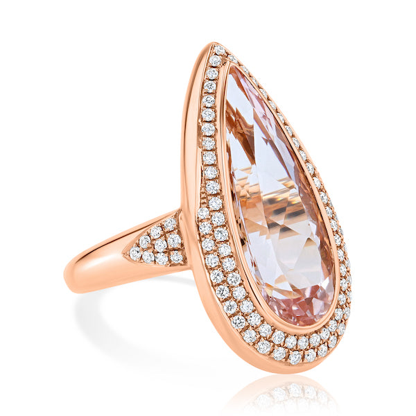 Wondrous Pear-Shaped Pink Morganite & Diamond Halo 18K Rose Gold Fashion Ring