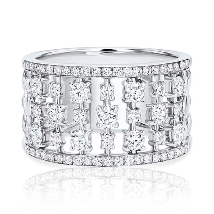 Multi-Row Alternating Diamond 18K White Gold Wide Fashion Ring