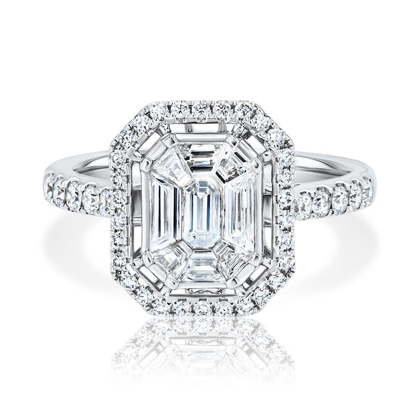 Crafted Emerald-Cut Designed Diamond Split-Shank Halo Engagement Ring