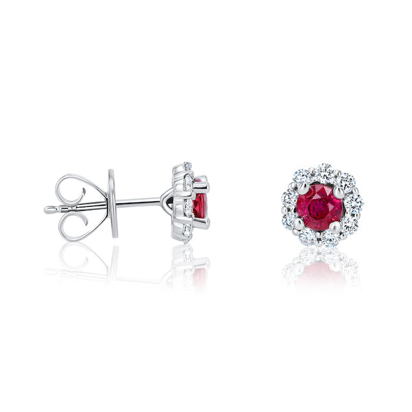 Petite Burma Ruby & Diamond Halo 18K White Gold Earrings
