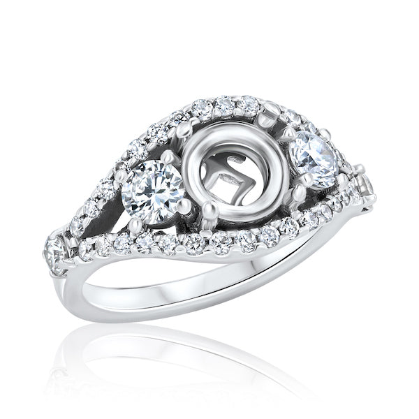 Layered Three-Stone Diamond Split-Shank 14K White Gold Engagement Ring Setting