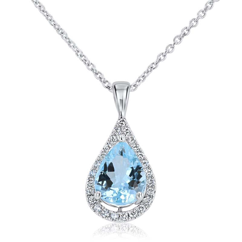 Raindrop Aquamarine & Floating Diamond Halo 14K White Gold Pendant