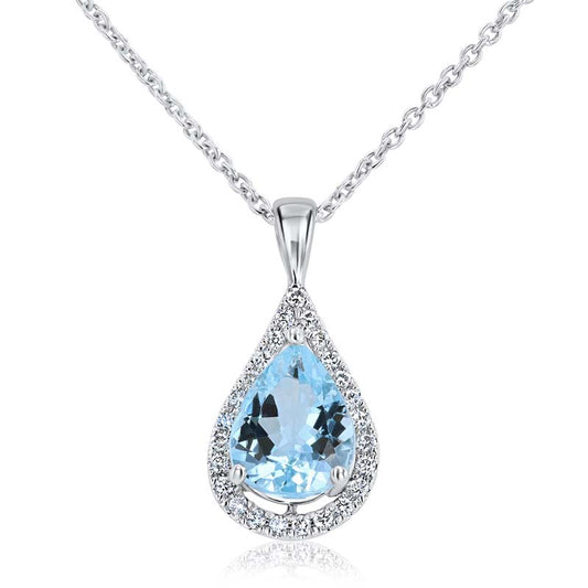 Raindrop Aquamarine & Floating Diamond Halo 14K White Gold Pendant