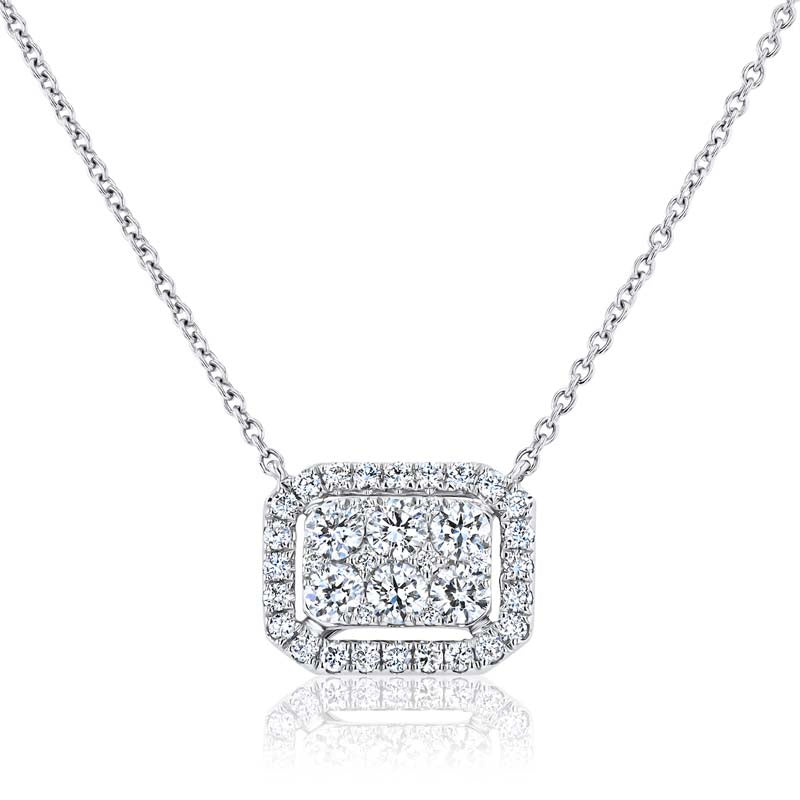 East-to-West Emerald Shape Diamond Cluster Halo 18K White Gold Pendant